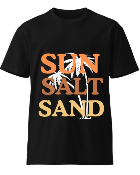 Front view of Sun Salt Sand Printed Black T-Shirt made from 100% cotton, featuring a summer-themed design