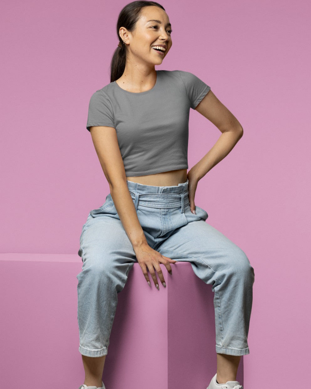 Female Model wearing the Charcoal Grey plain Crop Top for a casual look.