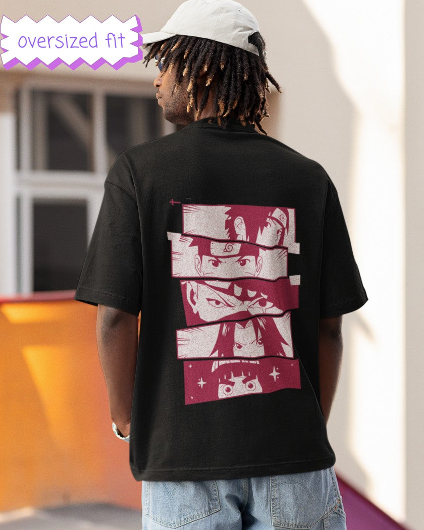 Naruto Sqaurd Anime Print Black Oversized T-Shirt