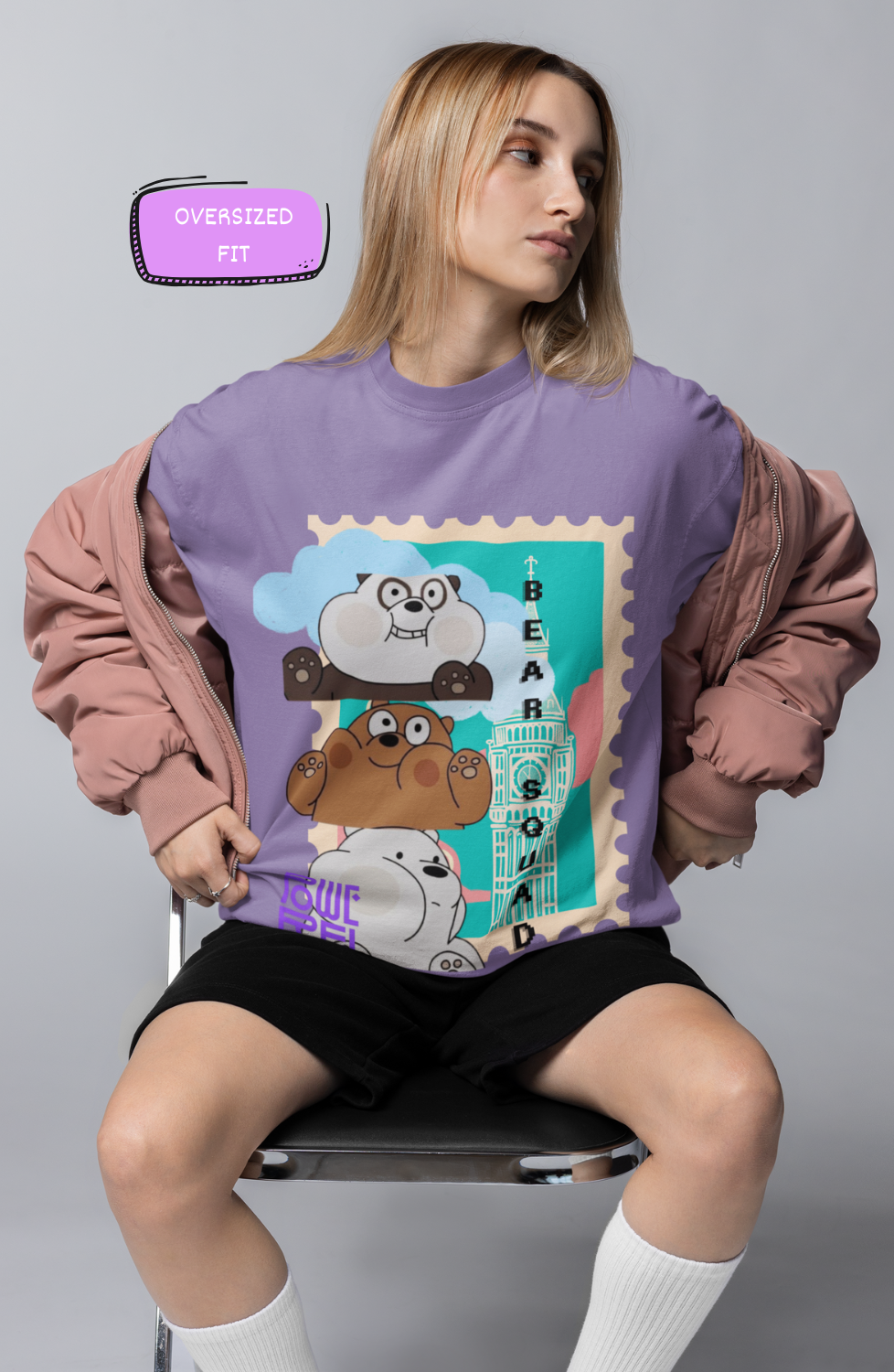 Bear Squad Printed Lavender Oversized T-Shirt