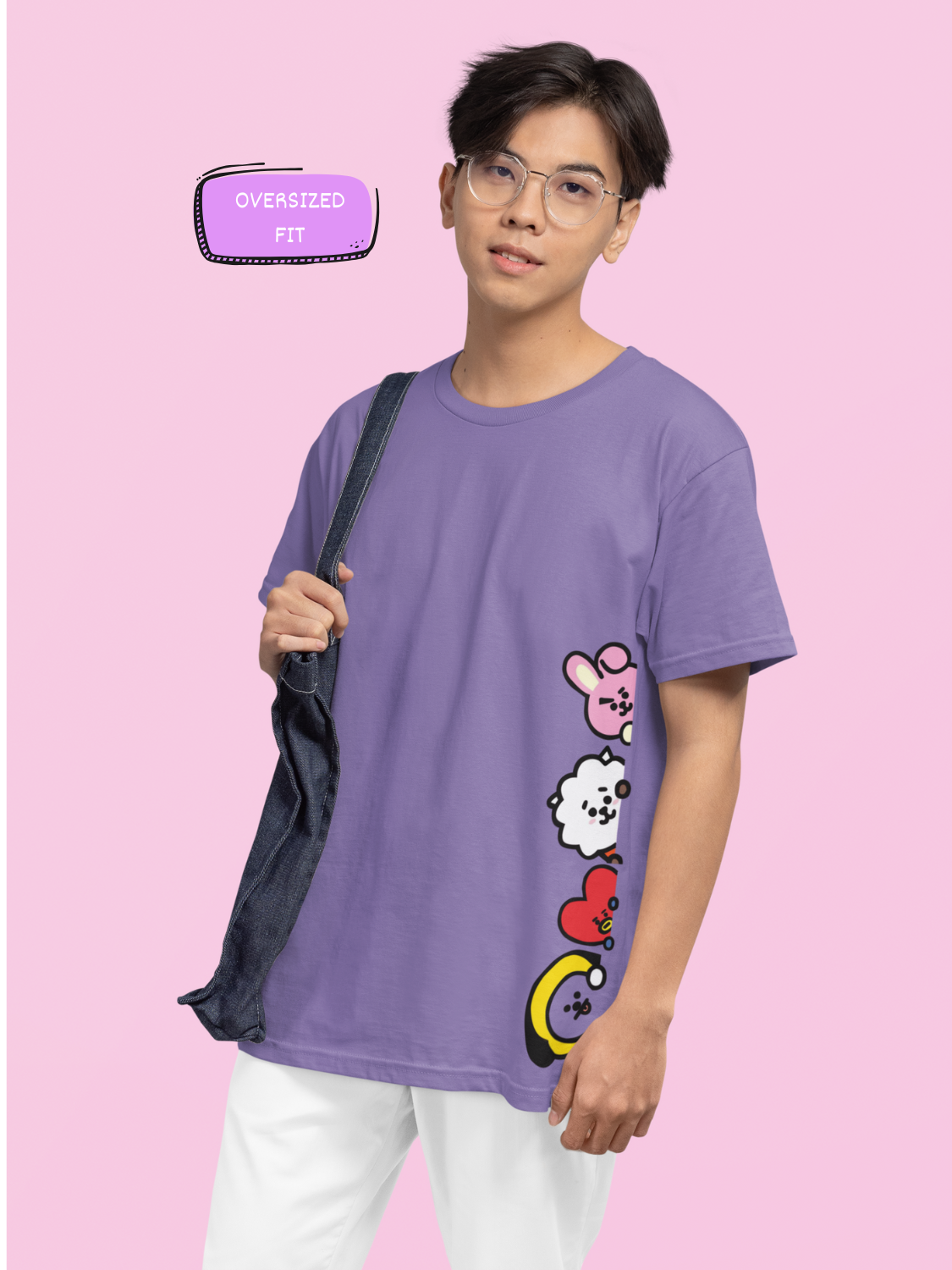 Male Model wearing the Peeking Army printed lavender oversized t-shirt paired with jeans for a casual look