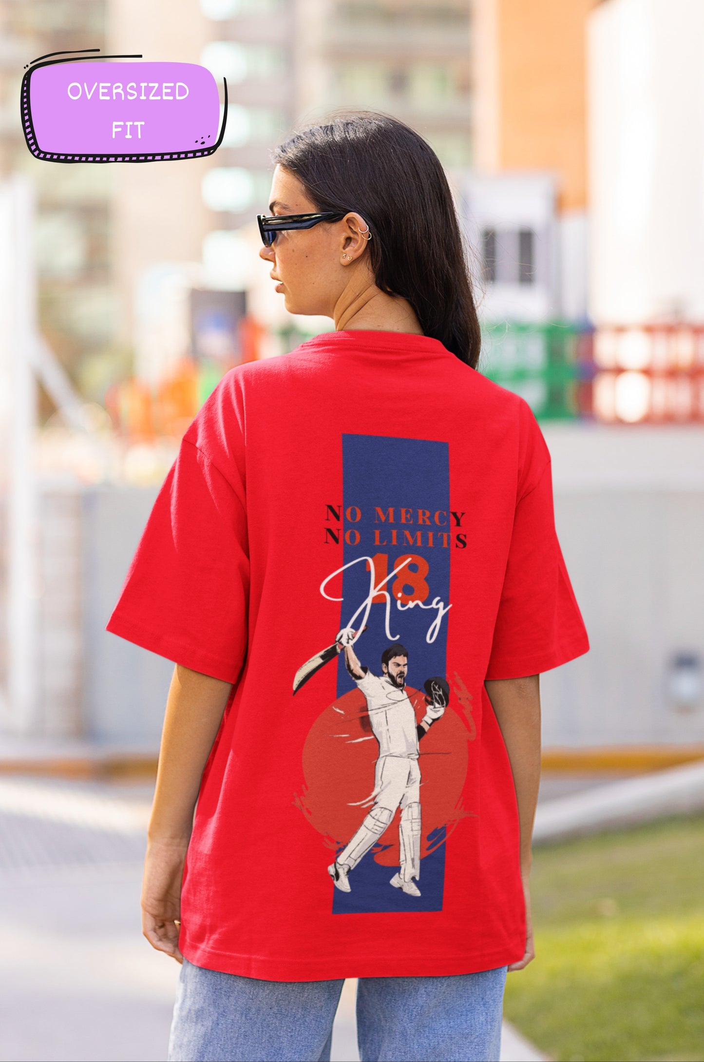 No Mercy No Limits king Virat Kohli Print Red Oversized T-Shirt