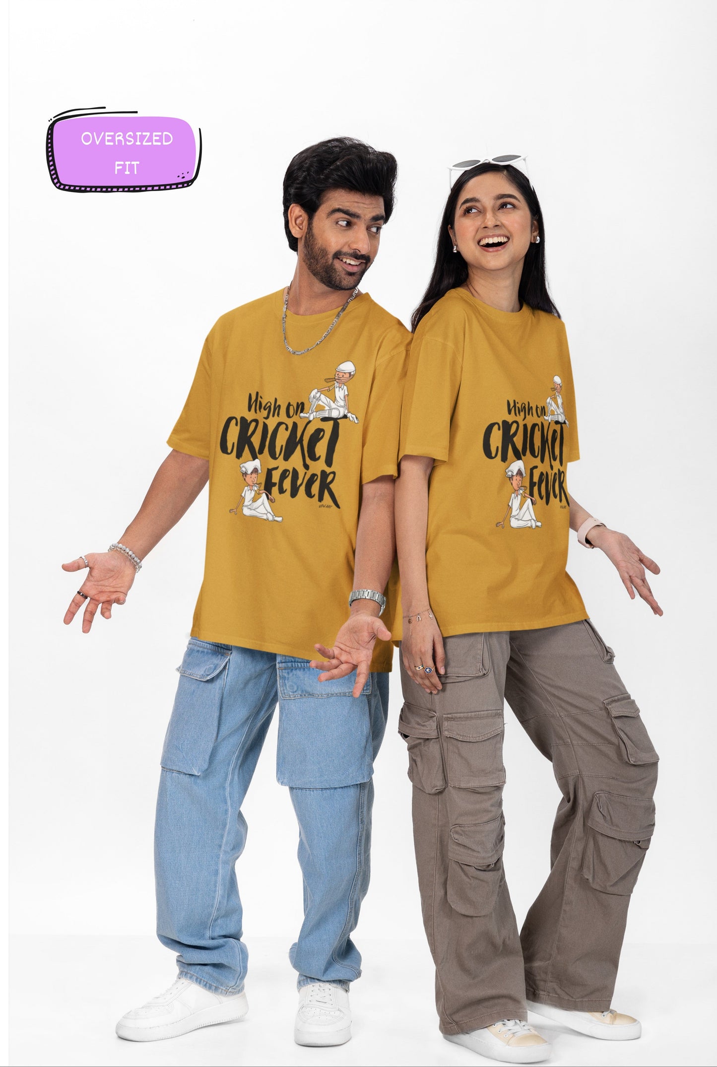 High on cricket Fever Print Mustard Yellow Oversized T-Shirt