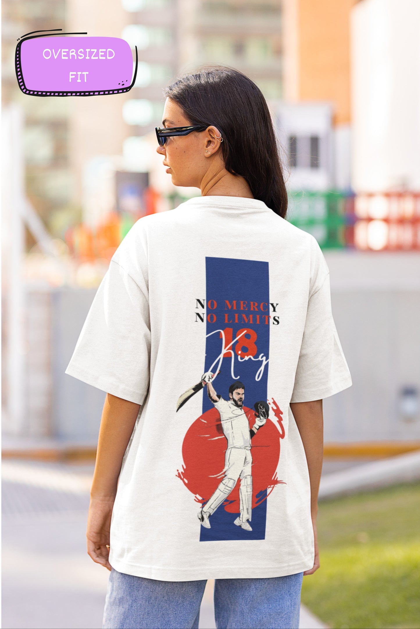 No Mercy No Limits king Virat Kohli Print White Oversized T-Shirt