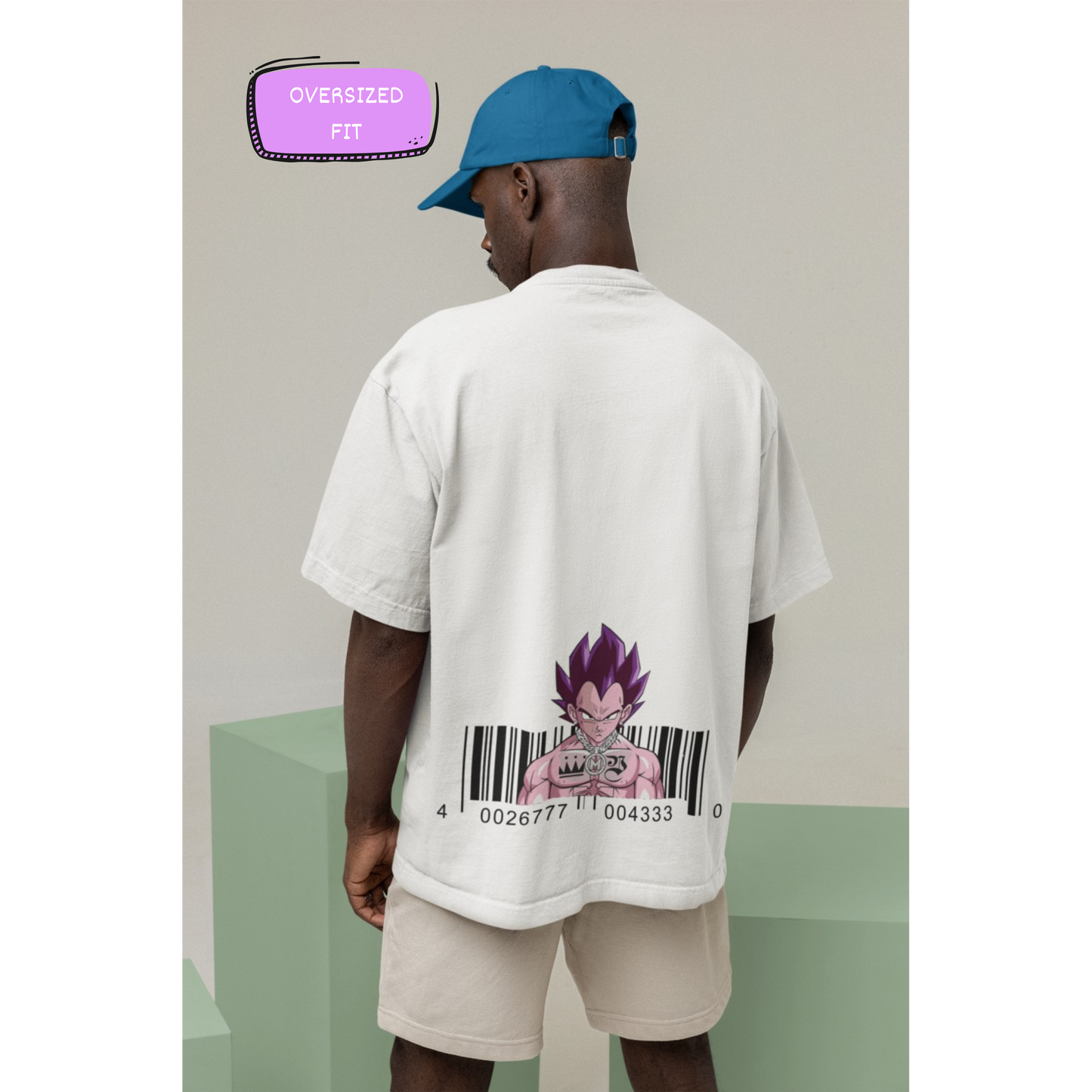 Majin Barcode Anime Print Oversized White T-Shirt