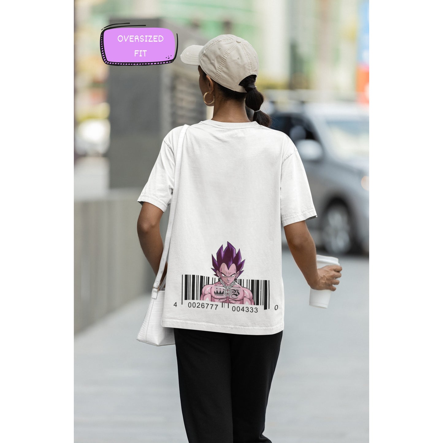 Majin Barcode Anime Print Oversized White T-Shirt