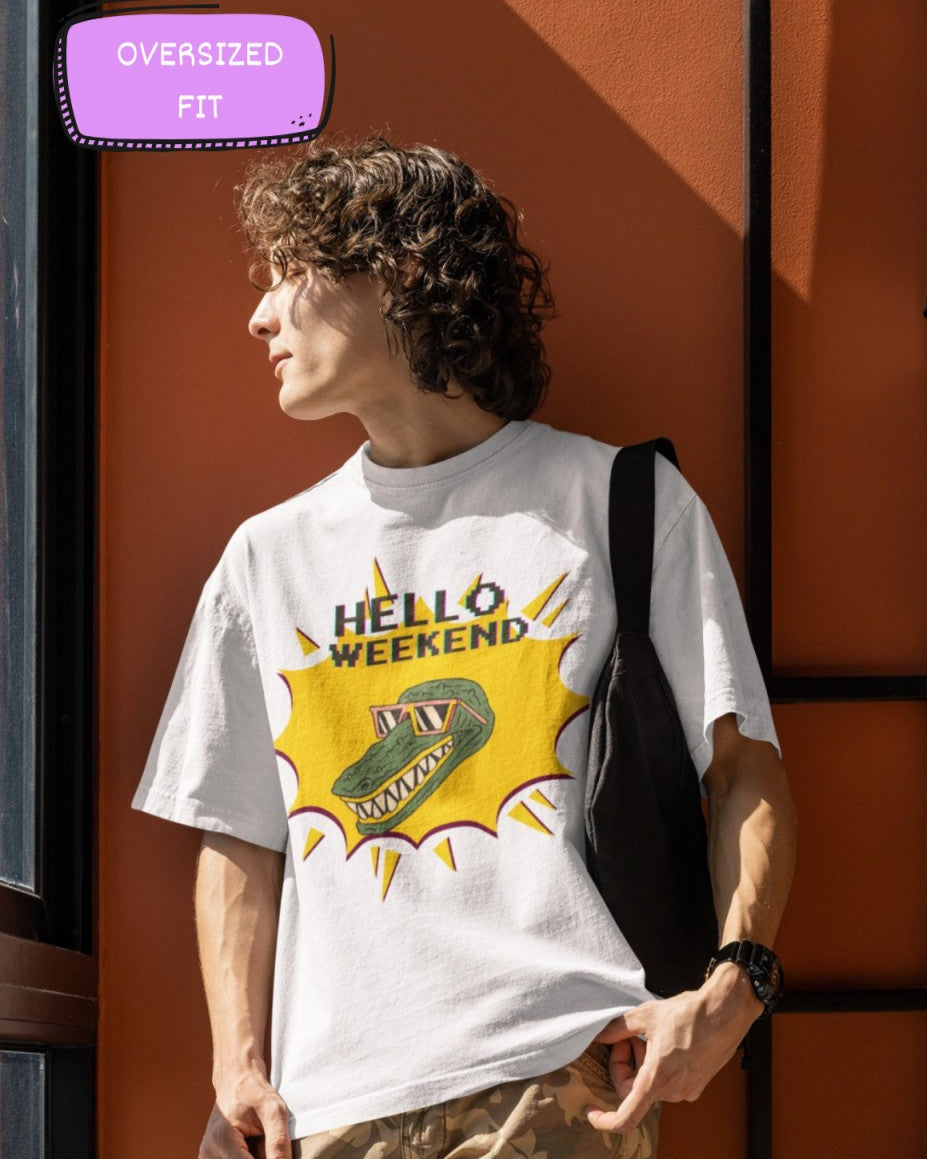 Hello Weekend Printed White Oversized T-Shirt