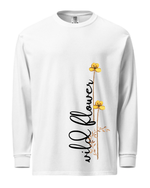 Front view of women's wild flower printed white sweatshirt made of 100% cotton with vibrant floral design.