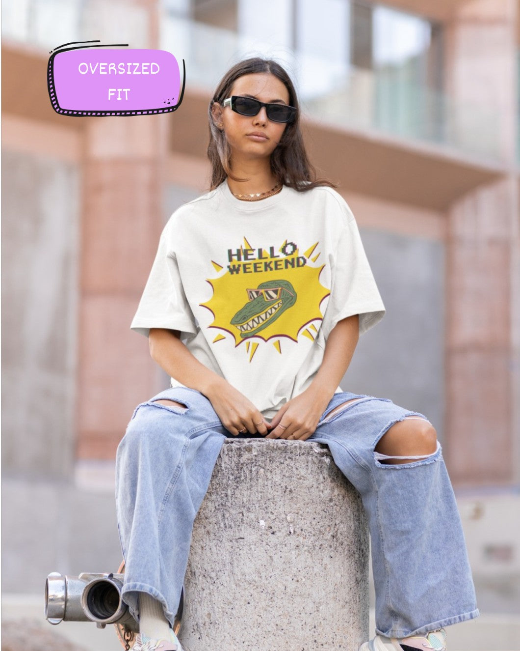 Hello Weekend Printed White Oversized T-Shirt