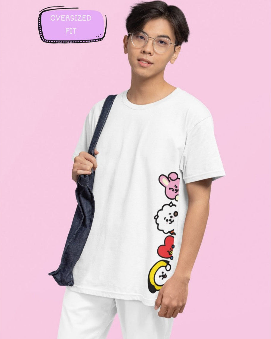 Male Model wearing the Peeking Army printed White oversized t-shirt paired with jeans for a casual look