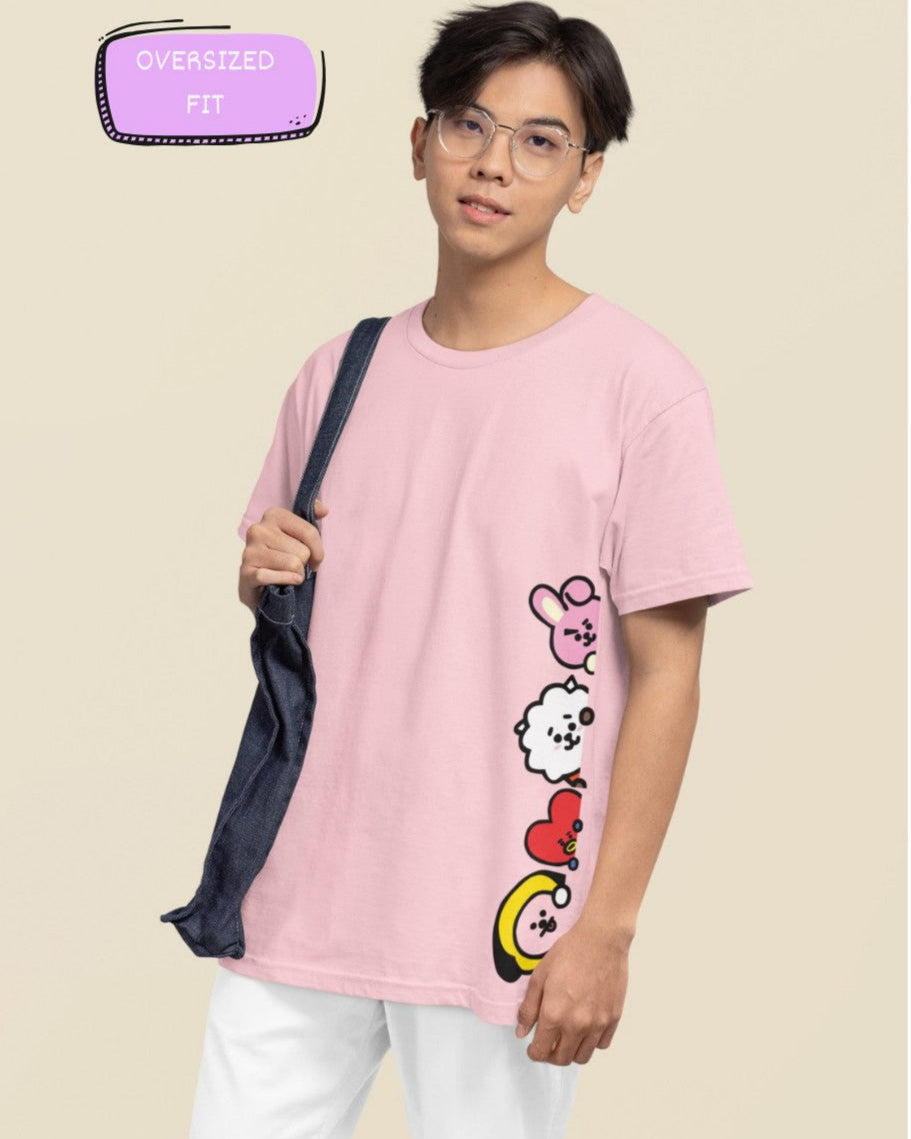 Male Model wearing the Peeking Army printed Light Pink oversized t-shirt paired with jeans for a casual look