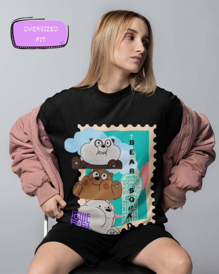 Model wearing the Bear Squad printed Black oversized t-shirt paired with shorts and boomer jacket for a casual look.