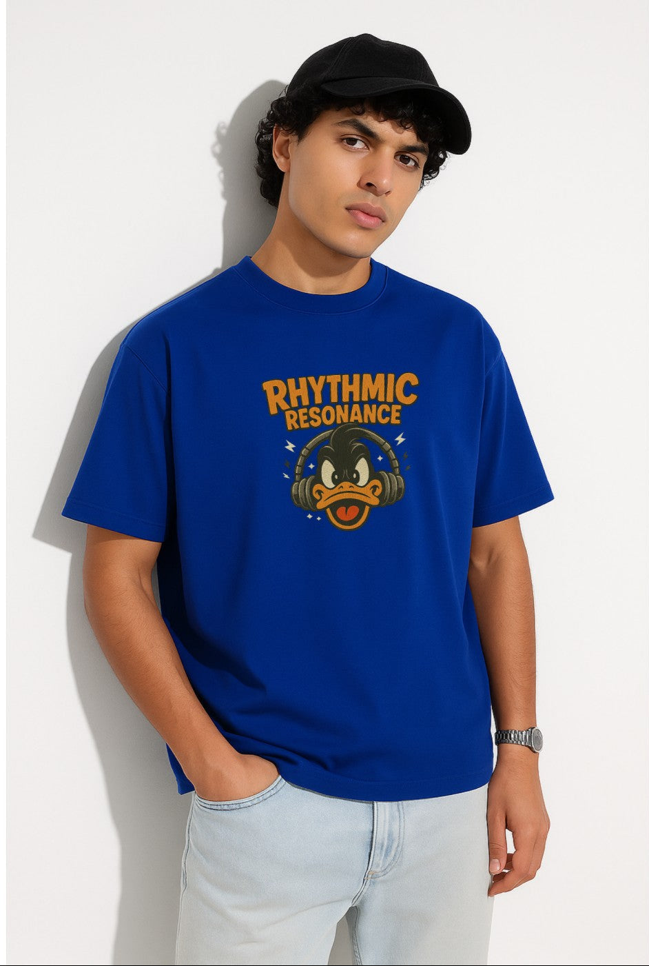 Rhythmic Resonance Print Royal Blue Oversized T-Shirt