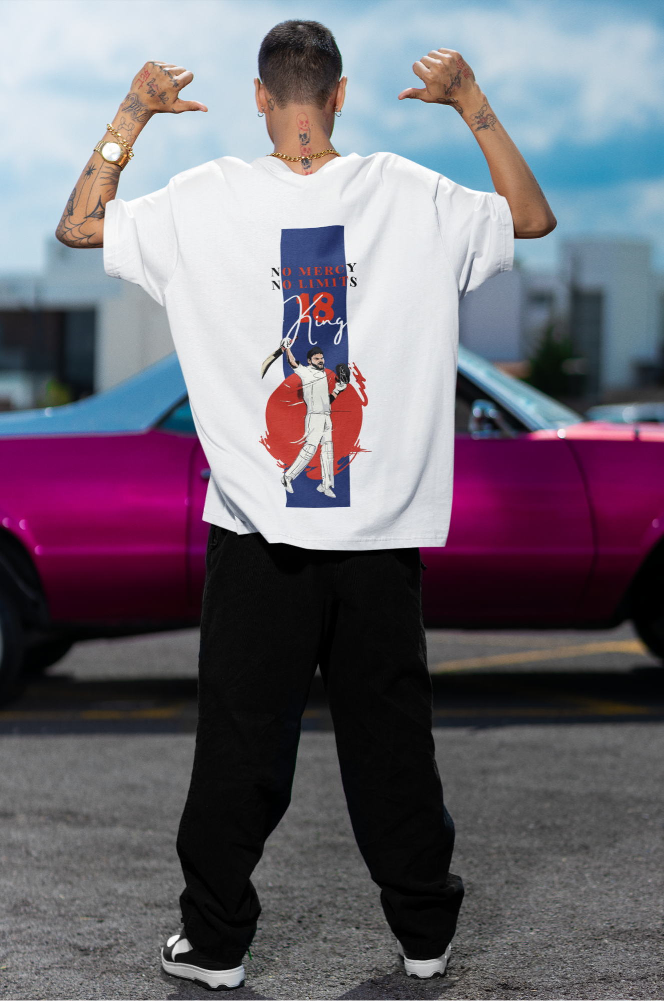 No Mercy No Limits king Virat Kohli Print White Oversized T-Shirt
