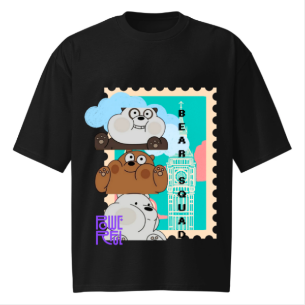 Front view of Bear Squad printed Black oversized unisex t-shirt made from 100% cotton