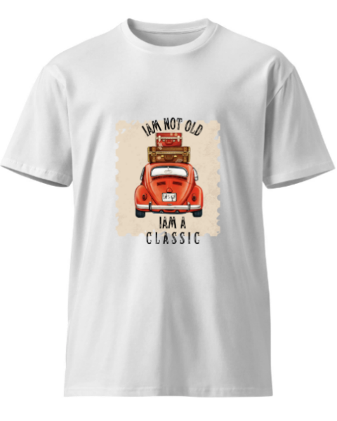 Front view of 'I Am a Classic' printed white unisex T-shirt made from 100% cotton