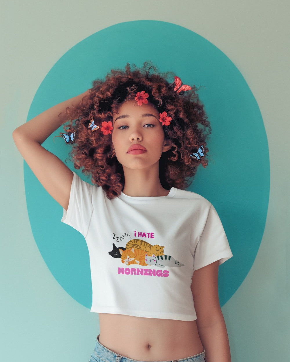 I Hate Mornings Printed White Crop T-Shirt