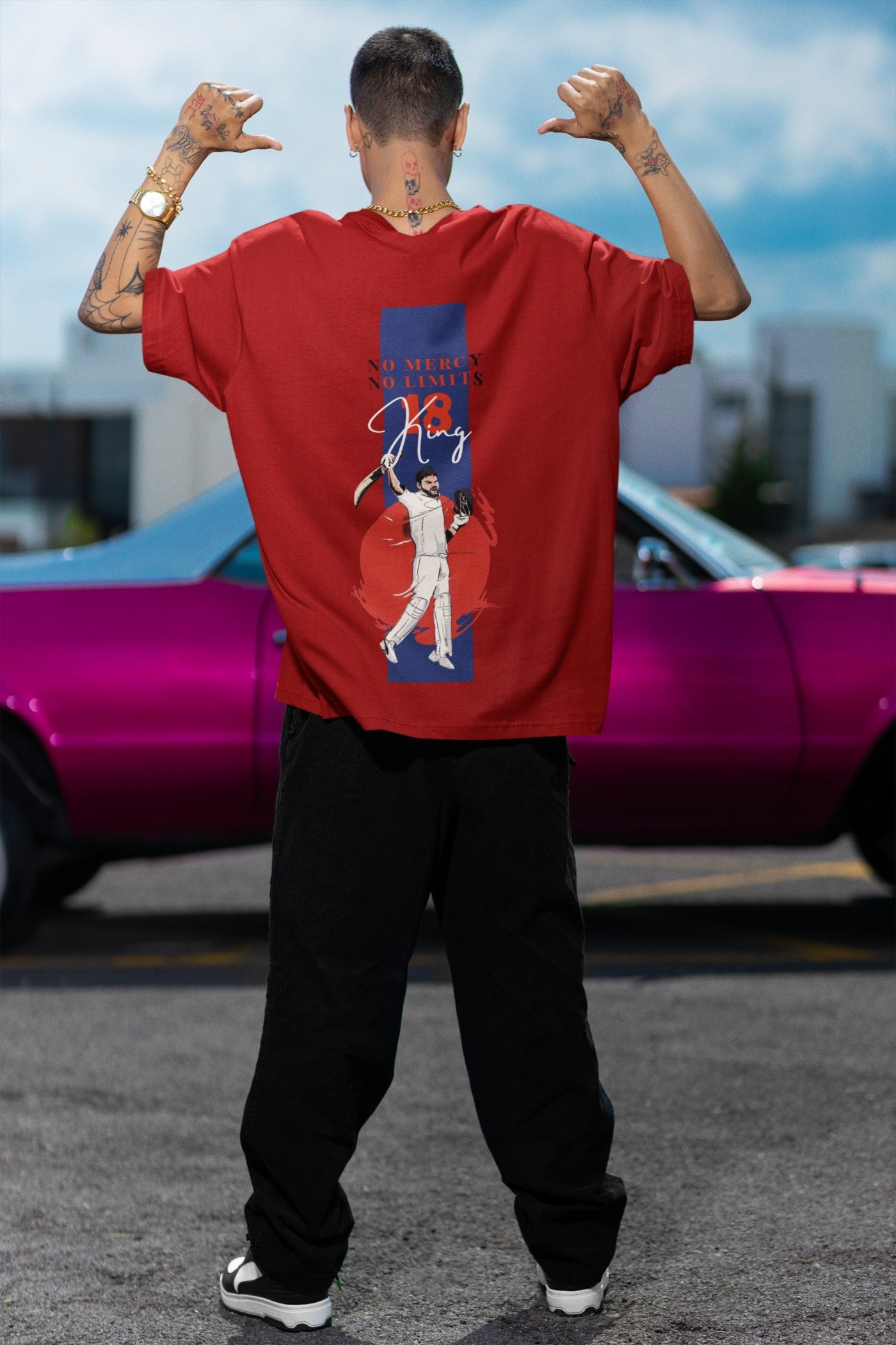 No Mercy No Limits king Virat Kohli Print Red Oversized T-Shirt