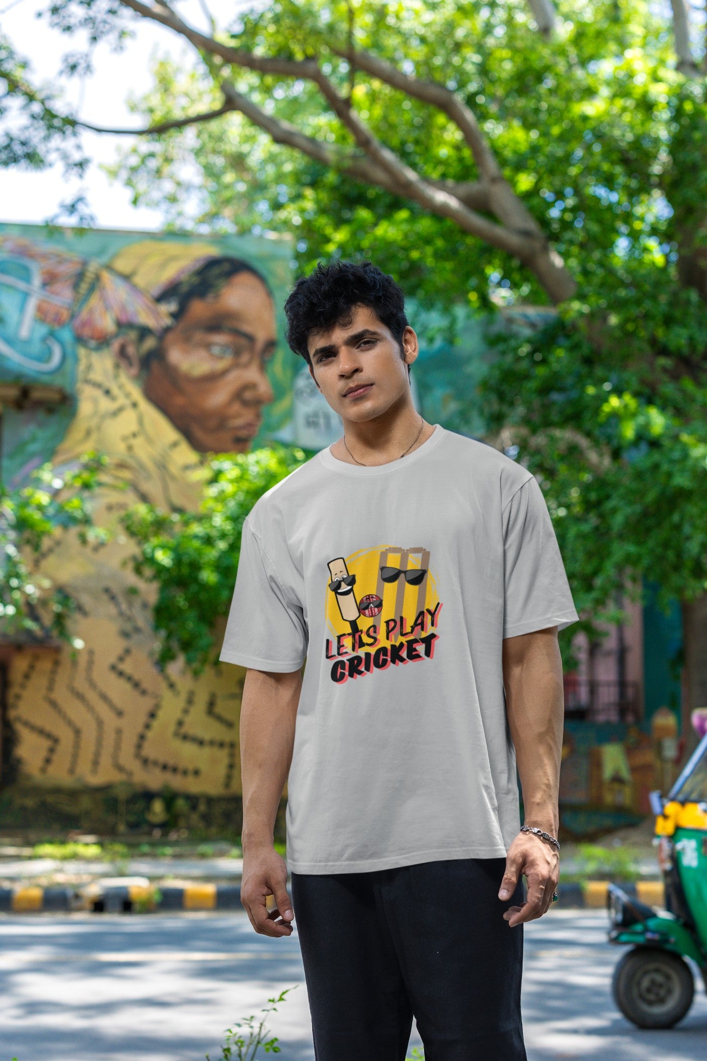 Lets Play Cricket Grey Print T-Shirt