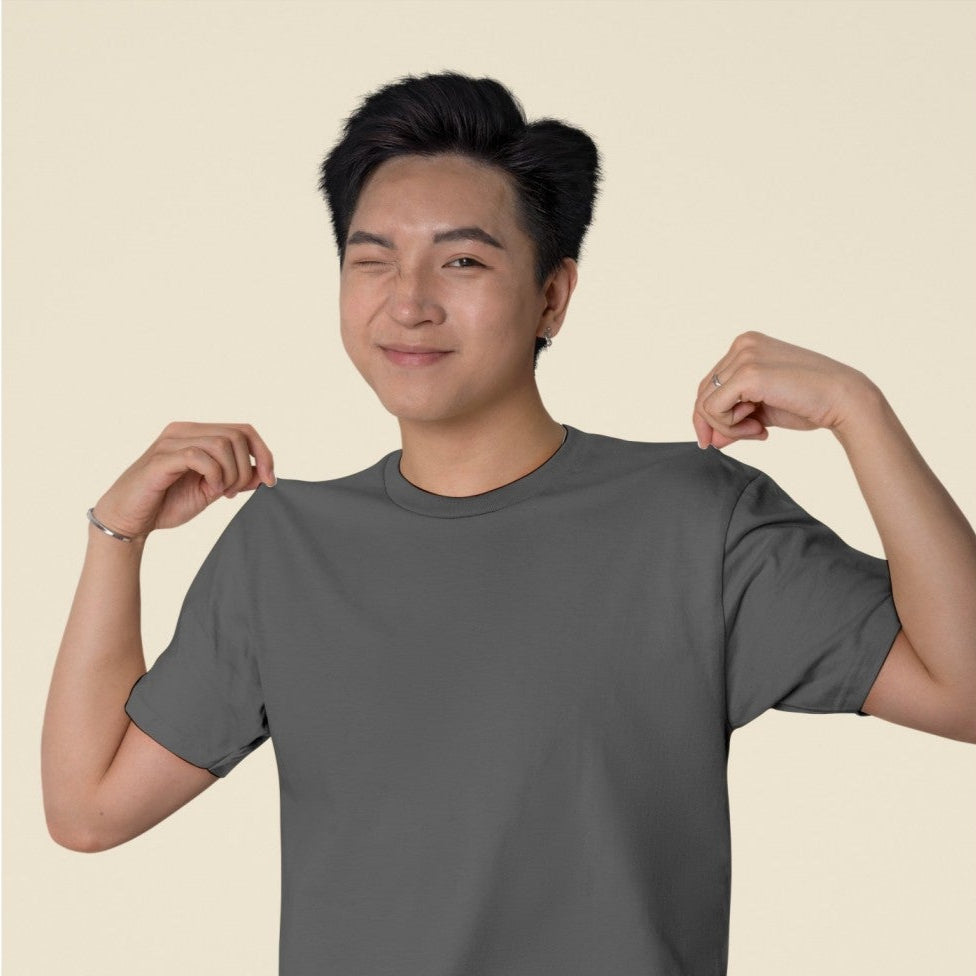 Male Model wearing the Charcoal Grey plain t-shirt.