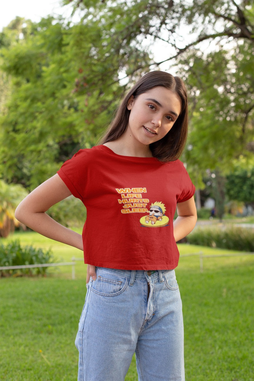 When Life Hurts Just Sleep Print Red Crop T-Shirt
