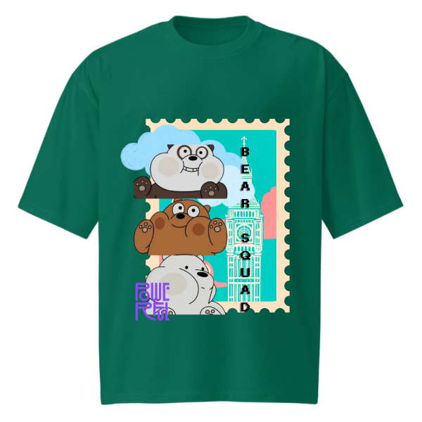 Bear Squad Printed Green Oversized T-Shirt