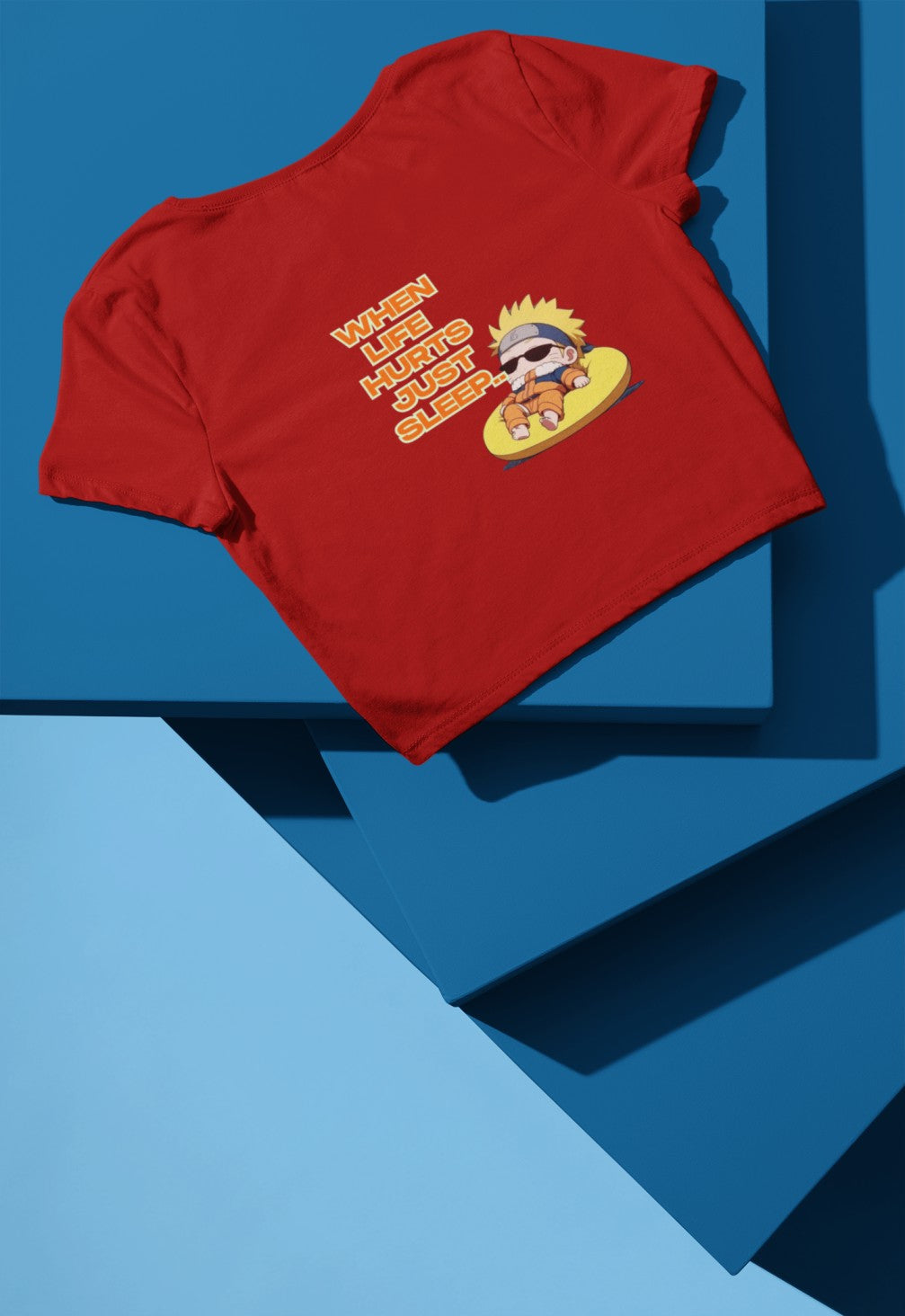 When Life Hurts Just Sleep Print Red Crop T-Shirt