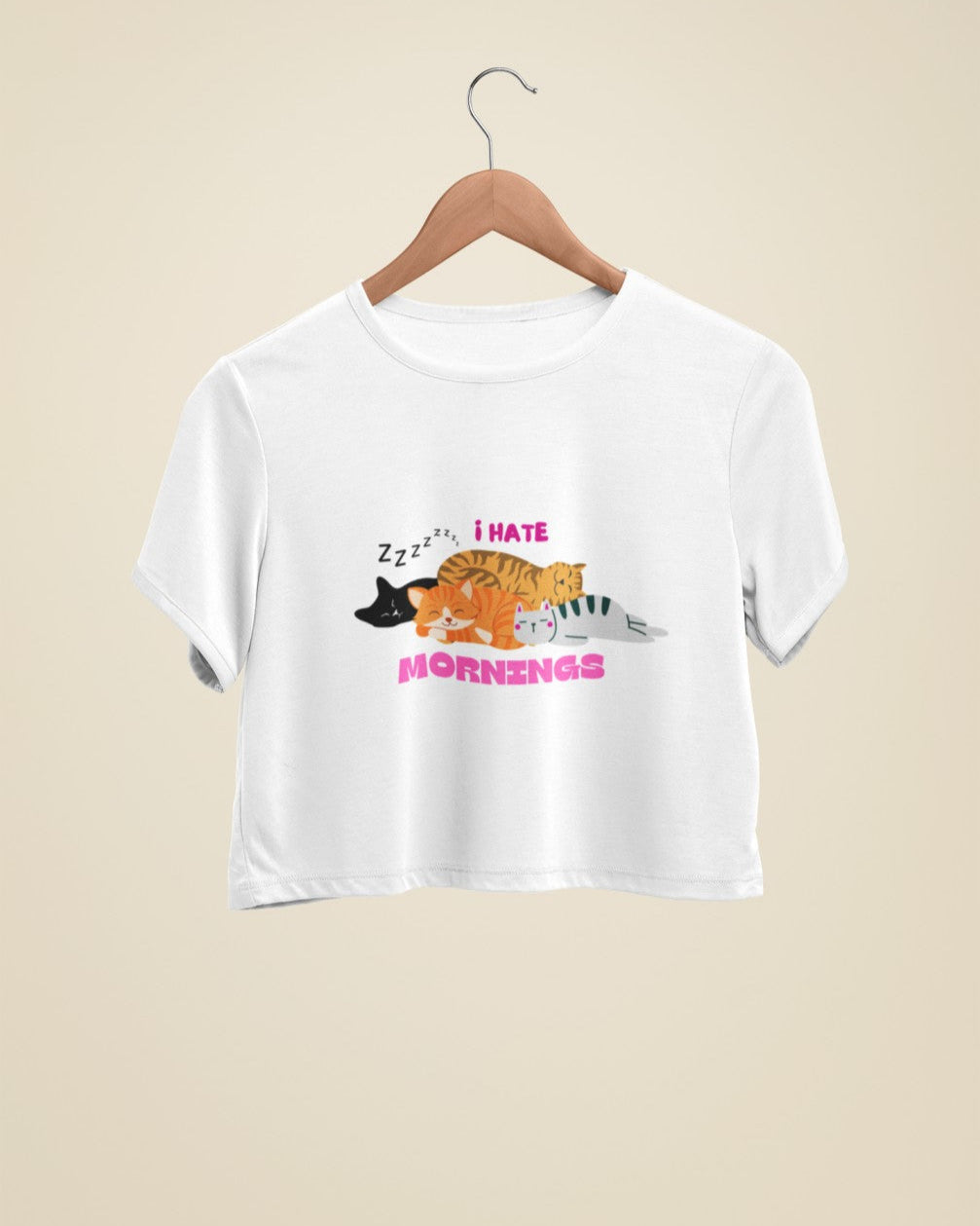 I Hate Mornings Printed White Crop T-Shirt