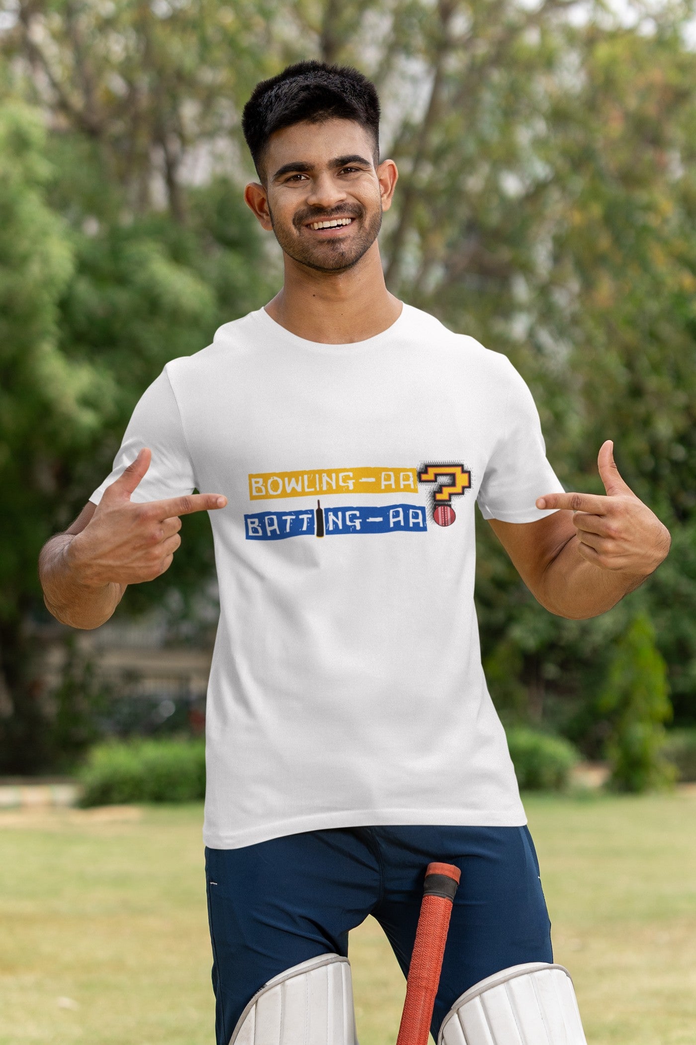 White T-shirt showcasing a bold, modern cricket-themed graphic with "Bowling AA Fielding AA" print, designed for cricket enthusiasts.