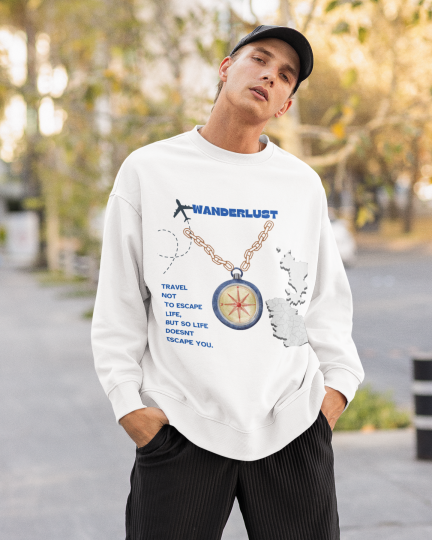 Model wearing the Wanderlust Printed White Sweatshirt styled for casual elegance.