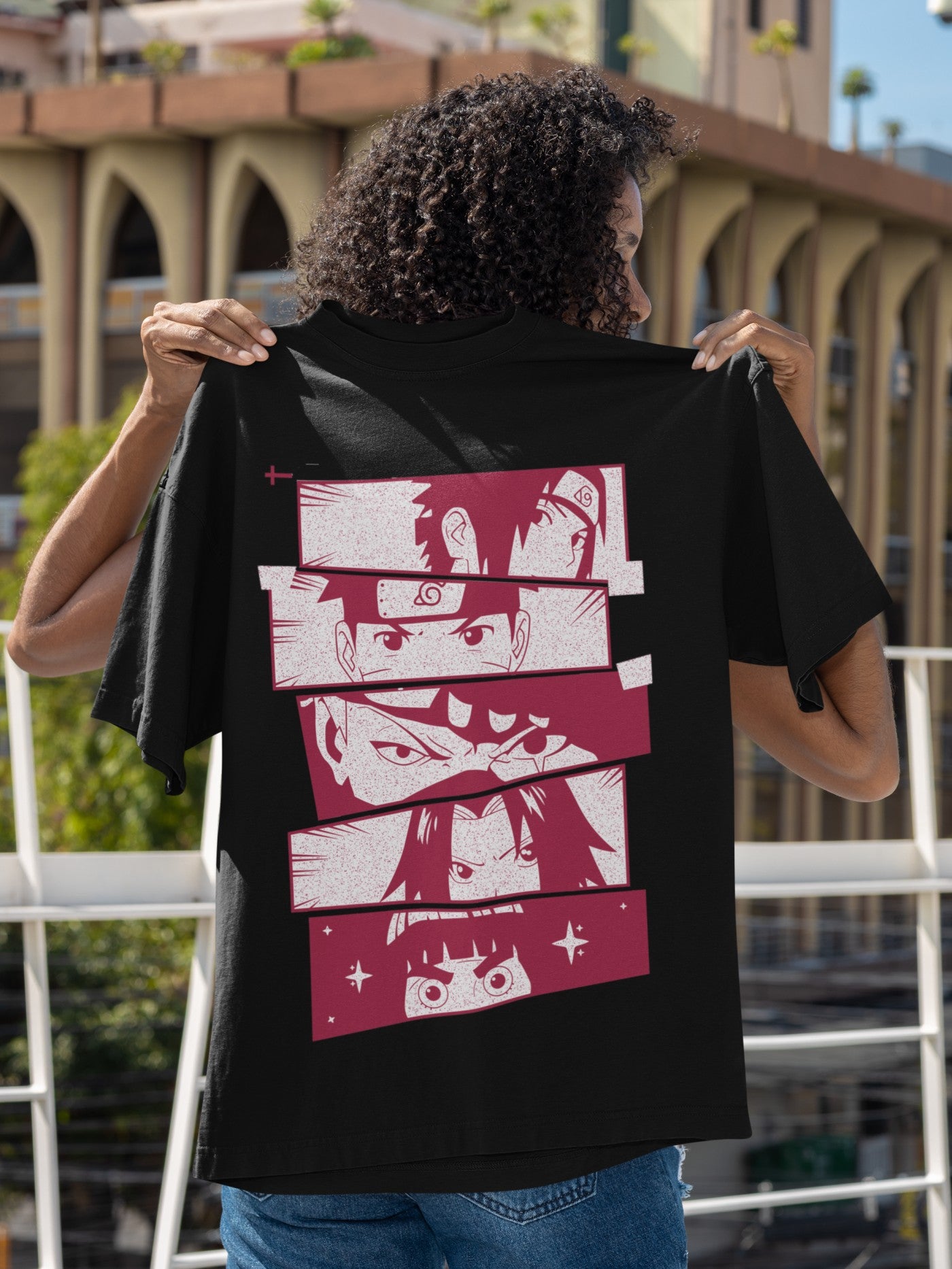 Naruto Sqaurd Anime Print Black Oversized T-Shirt