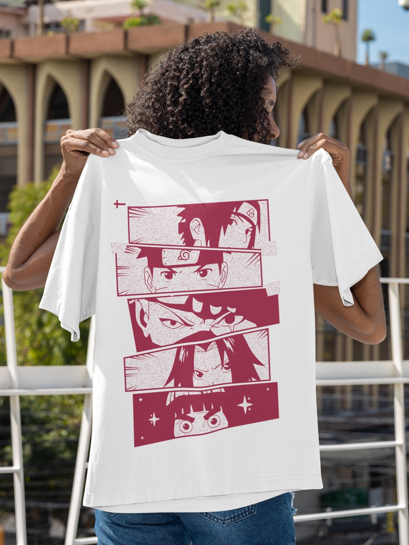Naruto Sqaurd Anime Print White Oversized T-Shirt