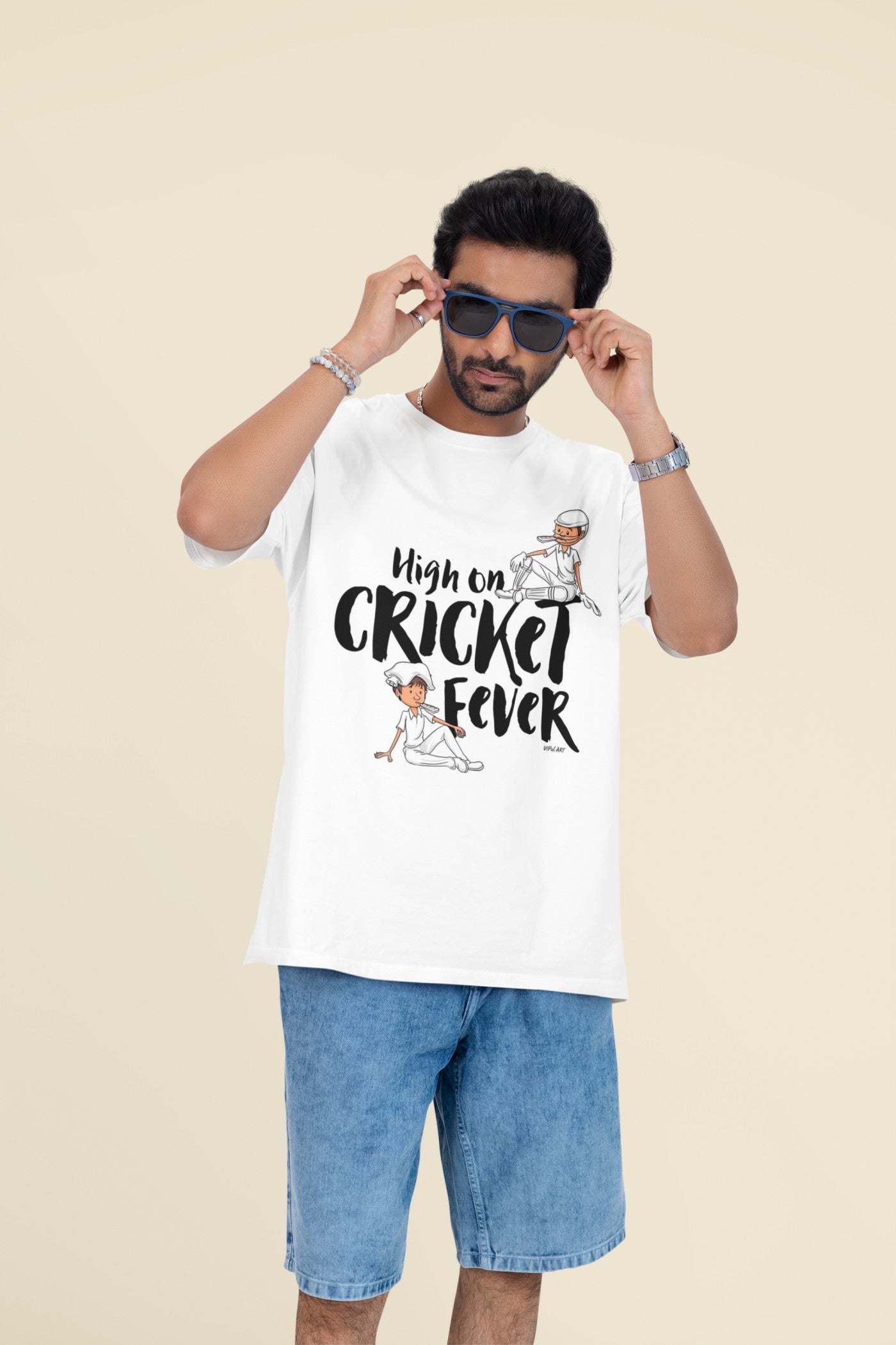 High on cricket Fever Print White Oversized T-Shirt