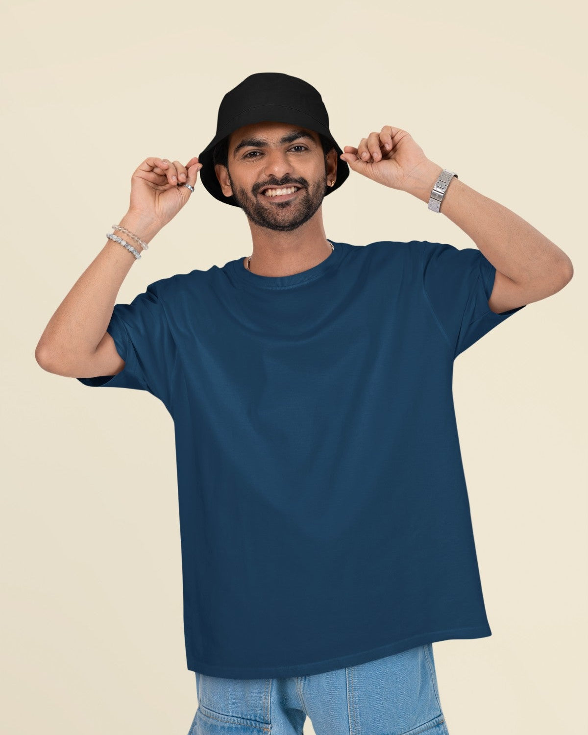 Male Model wearing the Navy Blue oversized plain t-shirt for a casual look.