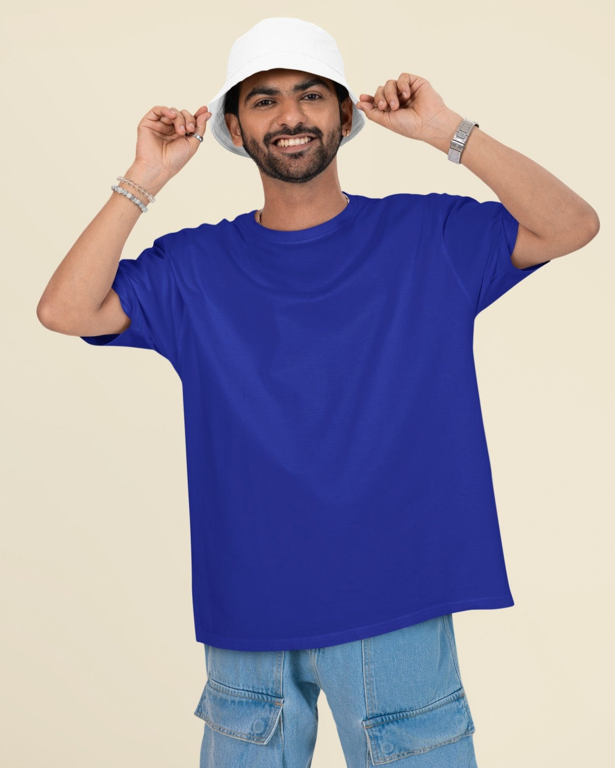 Male Model wearing the Royal Blue oversized plain t-shirt for a casual look.