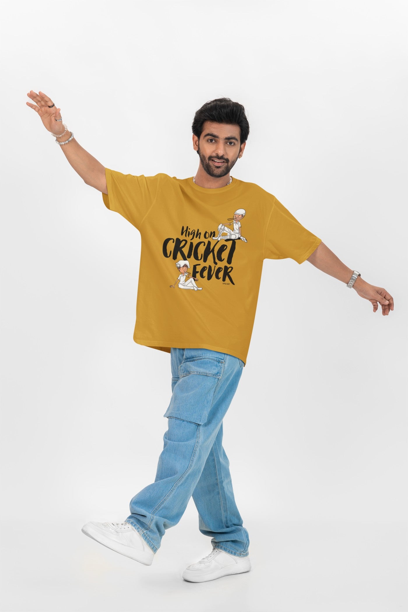 High on cricket Fever Print Mustard Yellow Oversized T-Shirt