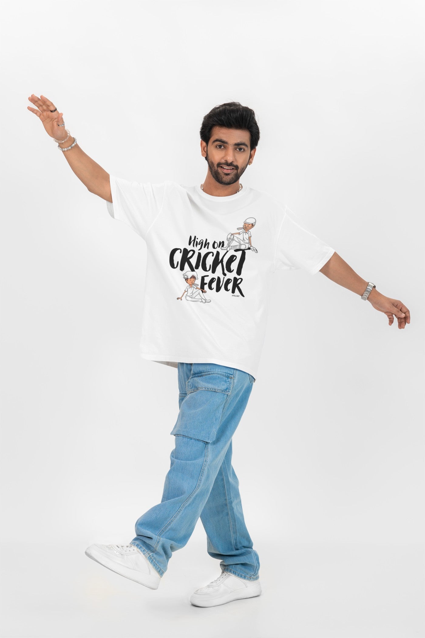High on cricket Fever Print White Oversized T-Shirt