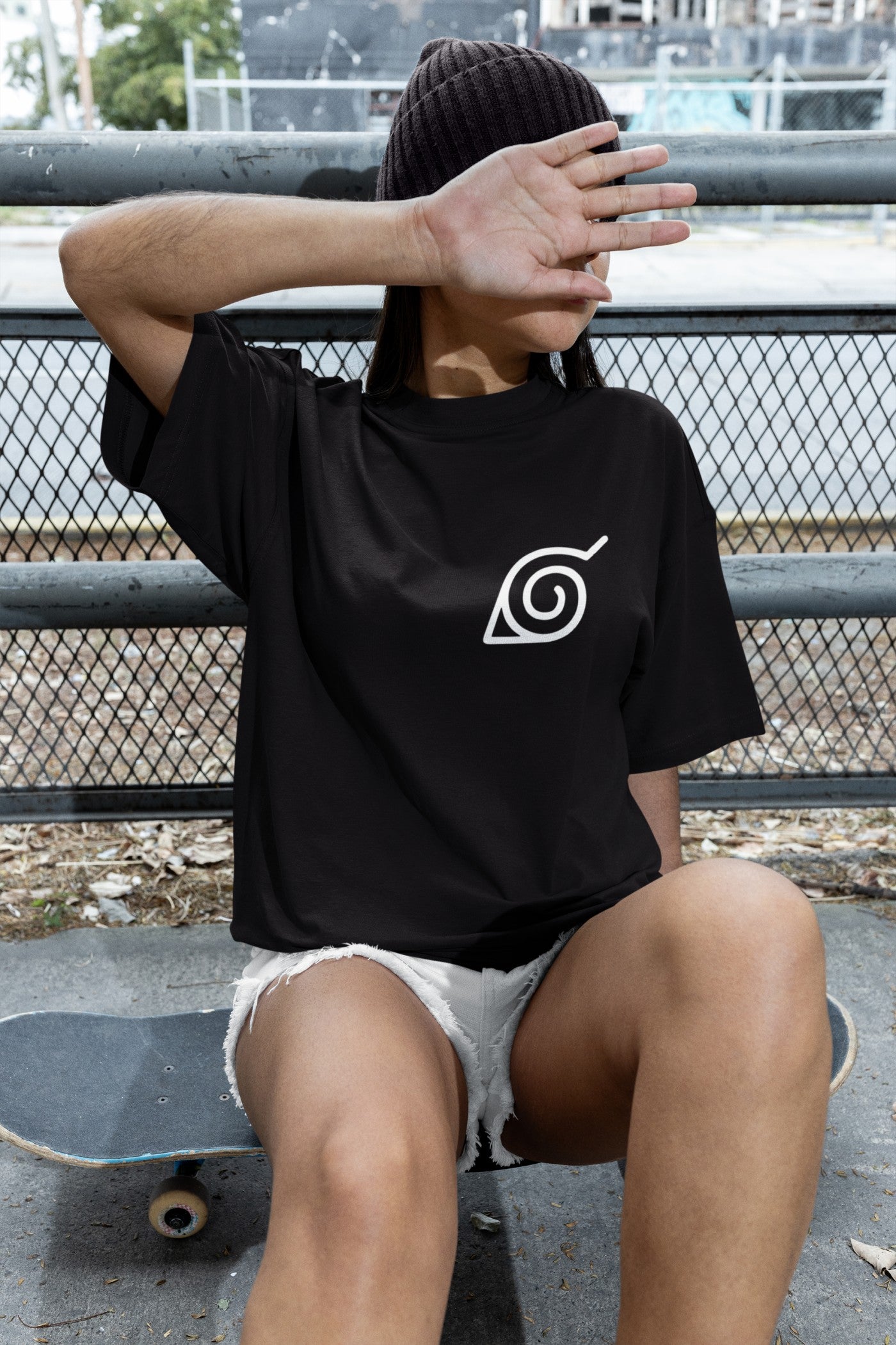 Naruto Sqaurd Anime Print Black Oversized T-Shirt
