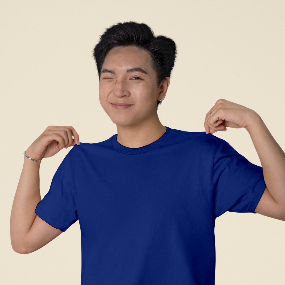 Male Model wearing the Royal Blue plain t-shirt.