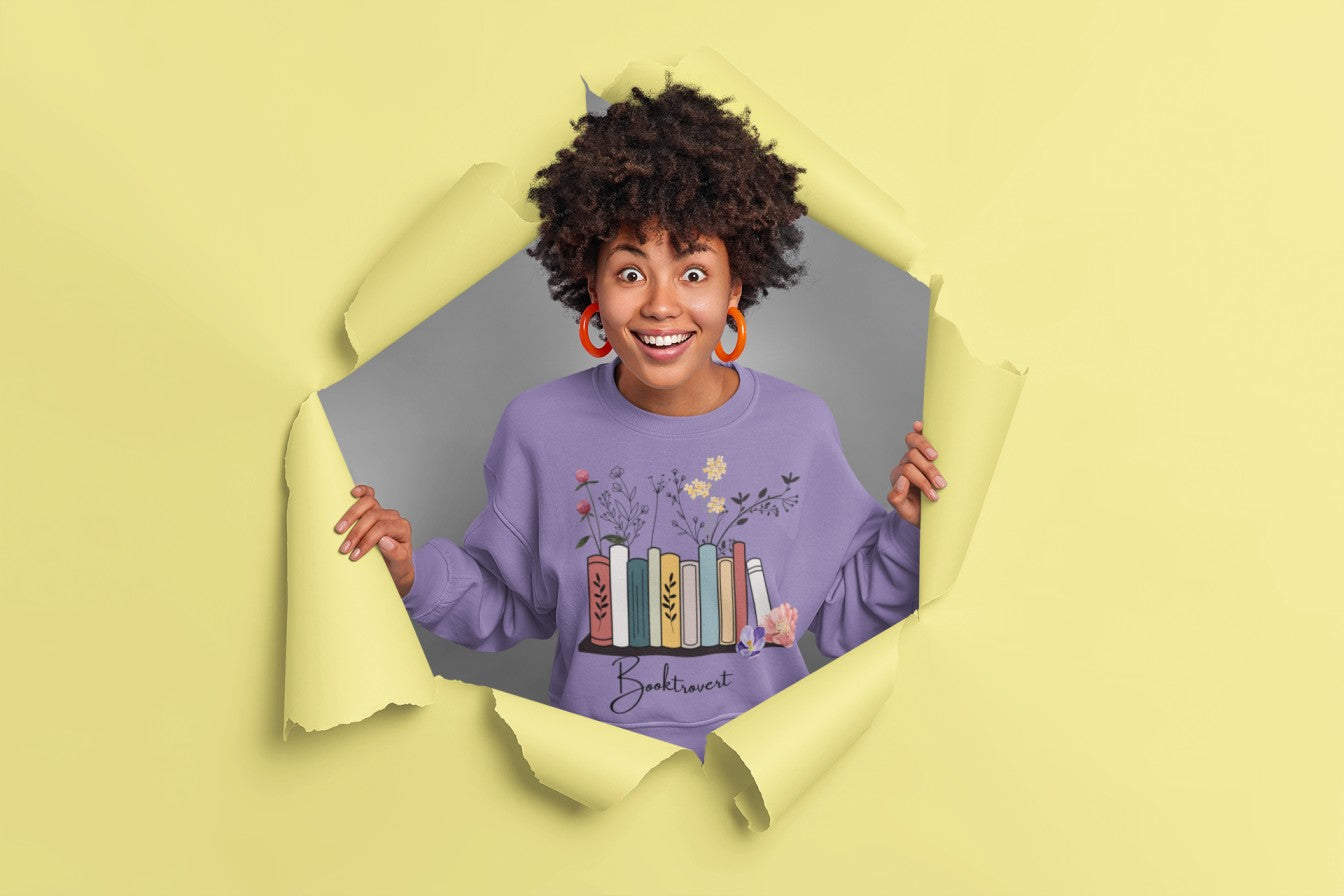 Model wearing the Women's Brooktrovert Printed Lavender Sweatshirt, styled casually with jeans for a relaxed look.