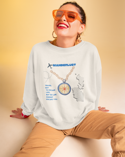 Model wearing the Wanderlust Printed White Sweatshirt styled for casual elegance.