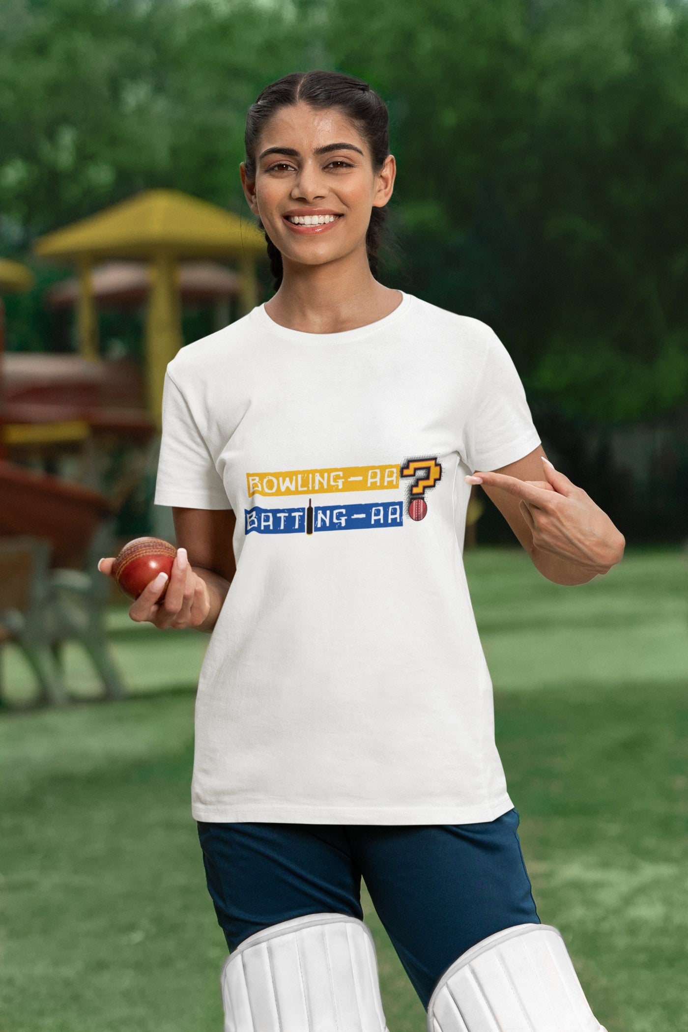 White T-shirt showcasing a bold, modern cricket-themed graphic with "Bowling AA Fielding AA" print, designed for cricket enthusiasts.