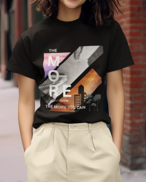 Women Model wearing 'The More You Learn' printed black t-shirt, paired with jeans for a casual look.