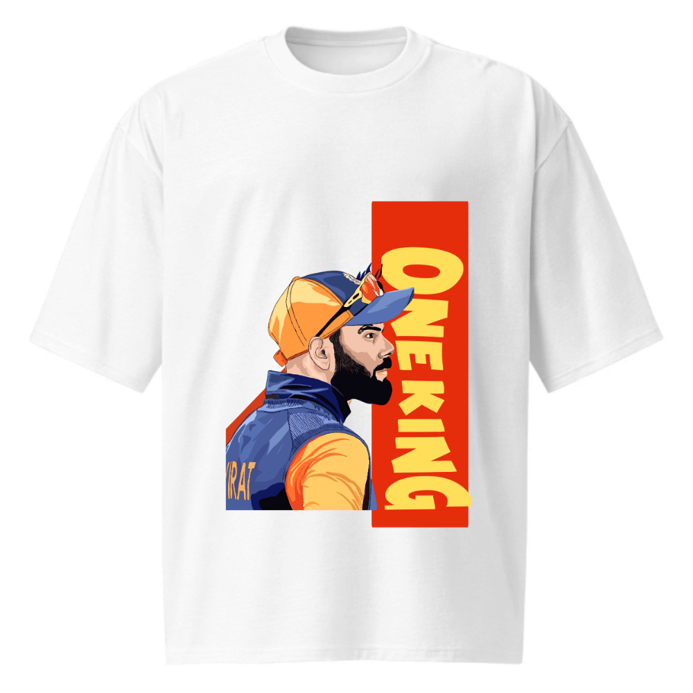 White oversized T-shirt showcasing a dynamic "One King Kohli" graphic design, perfect for making a bold style statement.