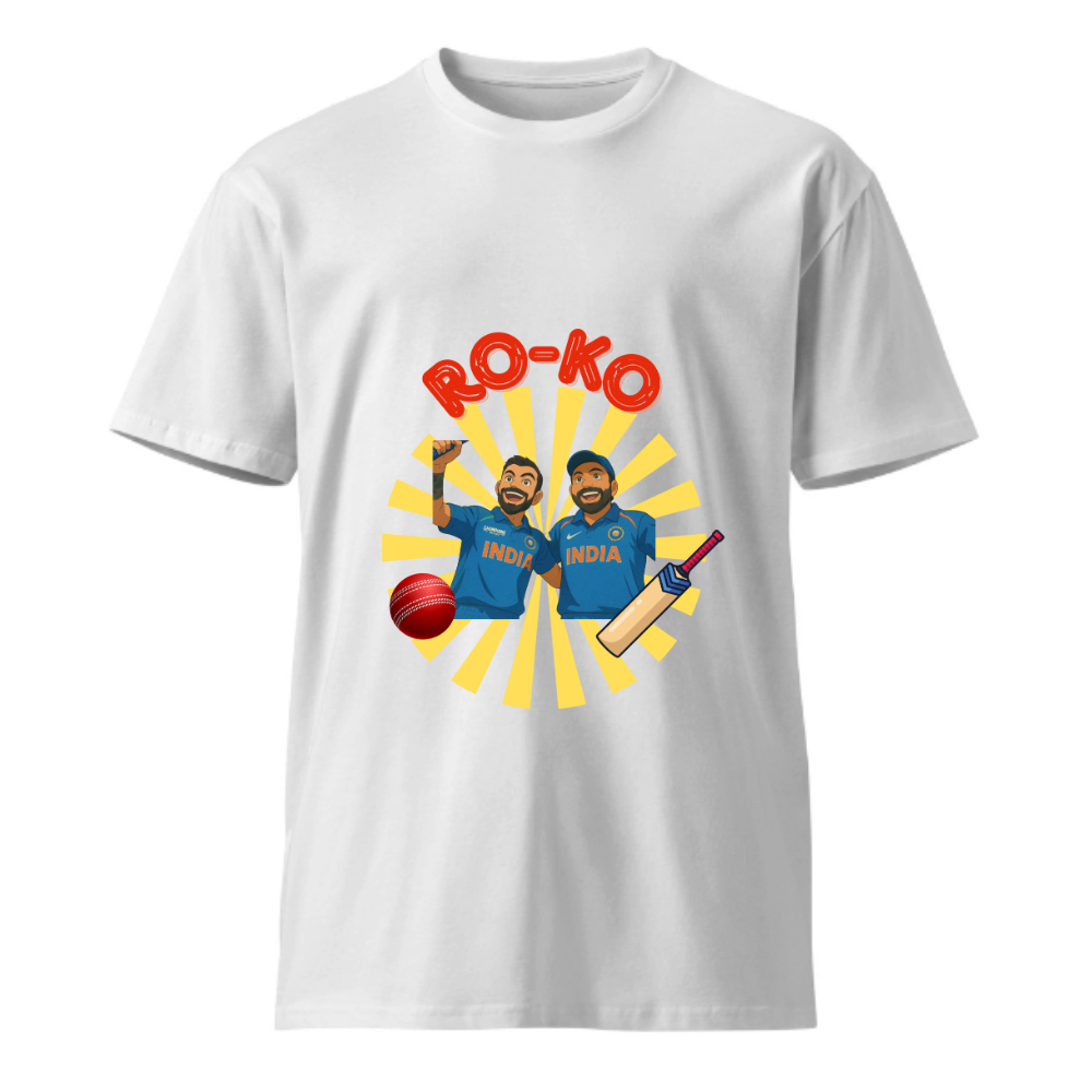 T-shirt showcasing a striking "Ro Ko" graphic design with a bold, modern aesthetic, perfect for cricket enthusiasts and style lovers.| Ghibli Style|Rohit Sharma |Virat Kohli