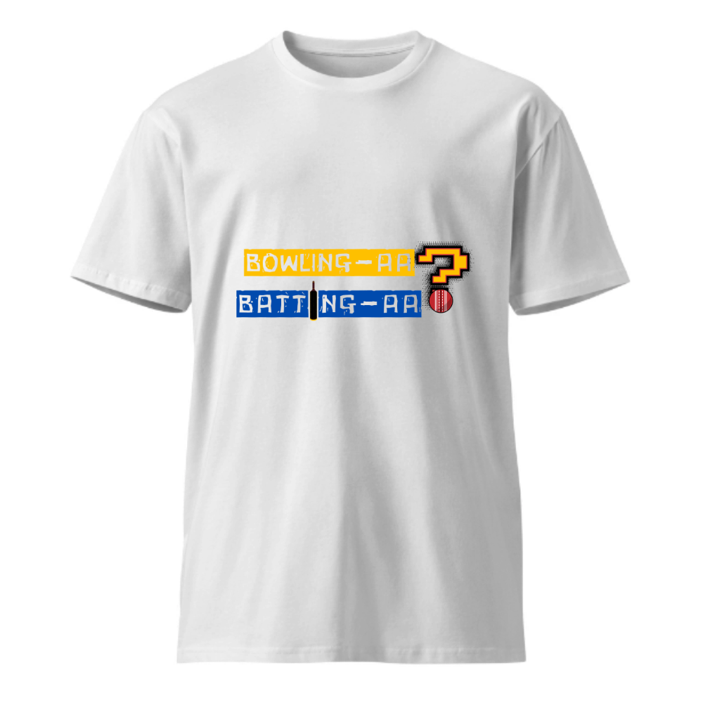 White T-shirt showcasing a bold, modern cricket-themed graphic with "Bowling AA Fielding AA" print, designed for cricket enthusiasts.