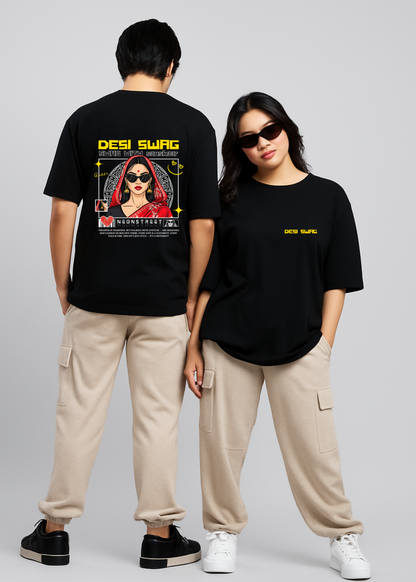 Desi Swag Print Oversized Black T-Shirt