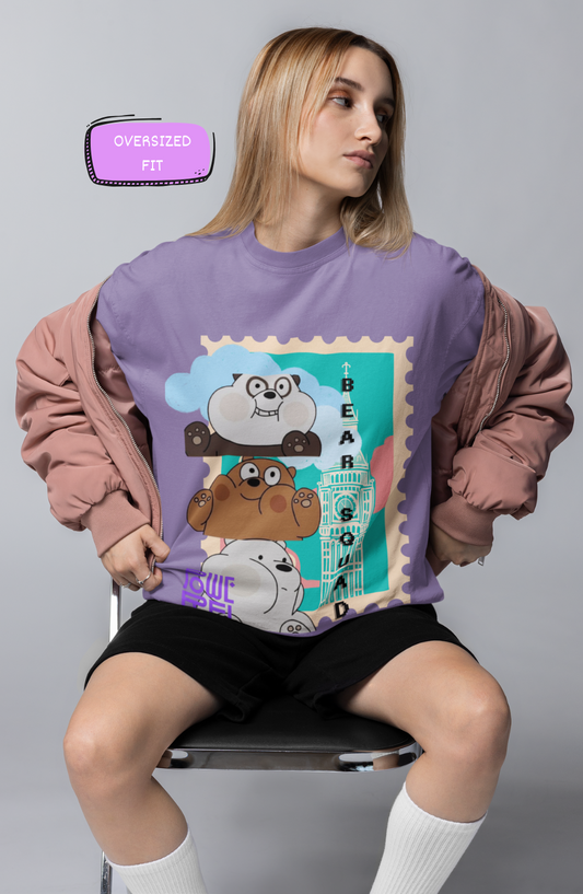 Bear Squad Printed Lavender Oversized T-Shirt