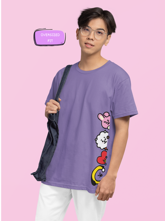 Male Model wearing the Peeking Army printed lavender oversized t-shirt paired with jeans for a casual look