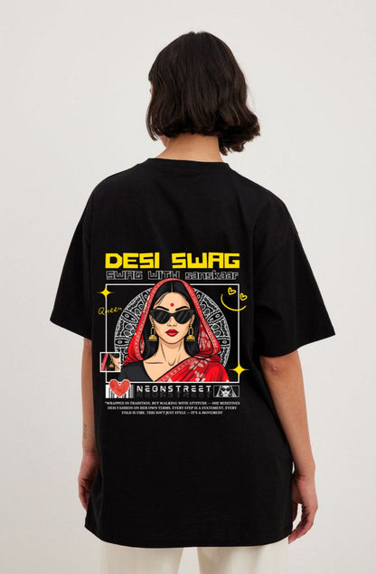 Desi Swag Print Oversized Black T-Shirt